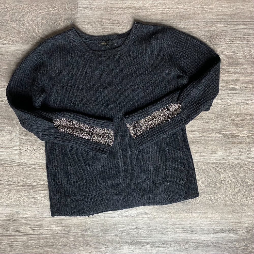 Maje Crewneck Chain Detailed Ribbed Knit Sweater
